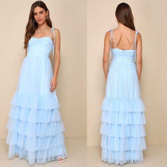 NWT Lulus Endlessly Darling Light Blue Mesh Tiered Tie-Strap Maxi Dress Size S - Picture 1 of 7